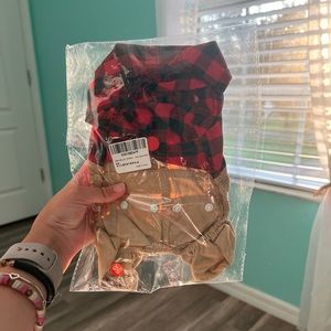 Dog Overall Pet Clothes for Small Dog Red Plaid Button Down with Khaki Bib Pants